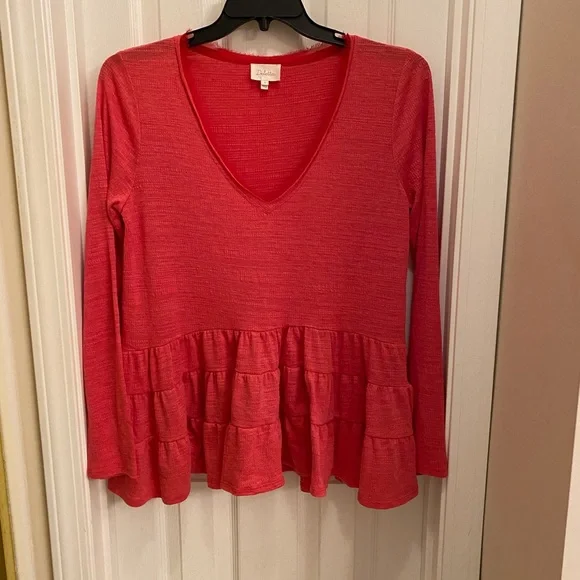 Anthropologie Deletta Thea Pink Babydoll Peplum Tiered Long Sleeves Top - Picture 2 of 11